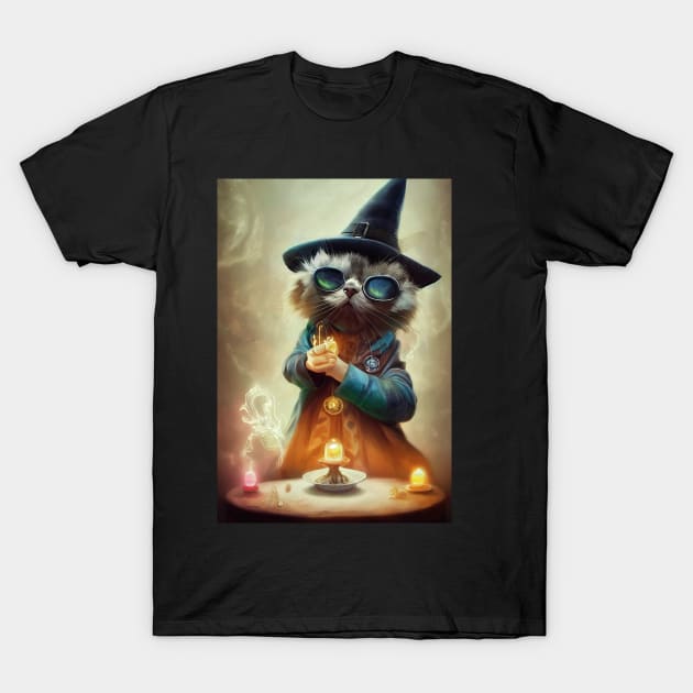 Fantasy Cat Magical Wizard T-Shirt by Wizard Mail Tees and Tops